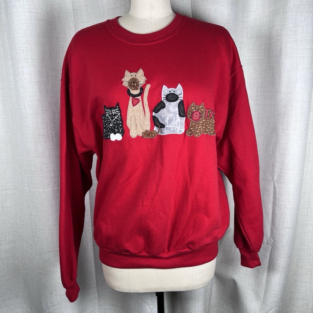 Vintage Orvis Sweatshirt Crew Neck XL Cat Embroidered Pullover‎ Red USA 90's